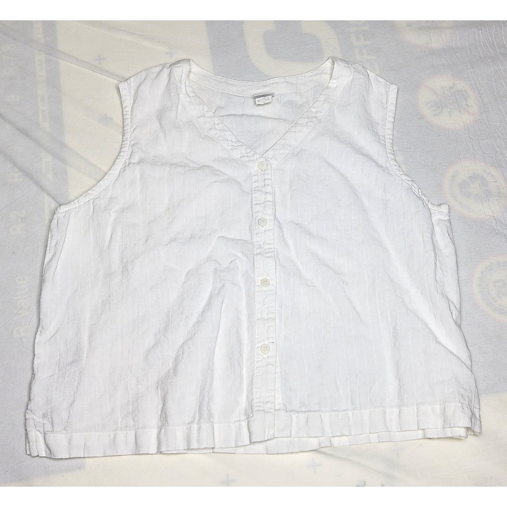 Eileen Fisher White Linen SZ Large Button Front Sleeveless Tank Top CasualSummer